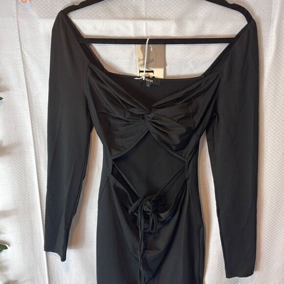Micas Tie Waist Twisted Front Mini Black Dress Size Large — image 6 of 8